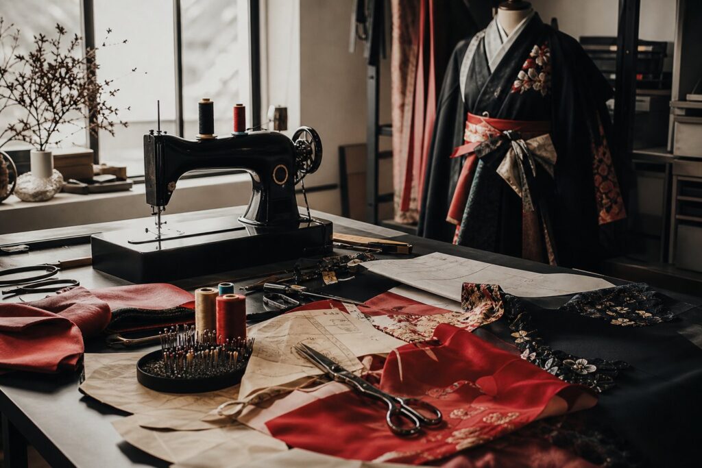 Atelier de couture cosplay avec machine a coudre tissus et patrons papier