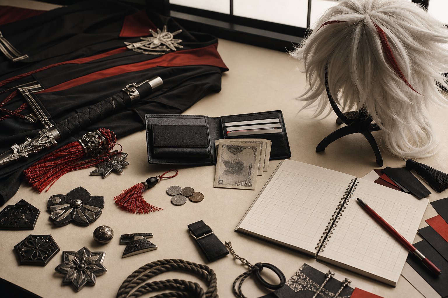 Portefeuille et billets a cote d accessoires de cosplay calcul de budget costume