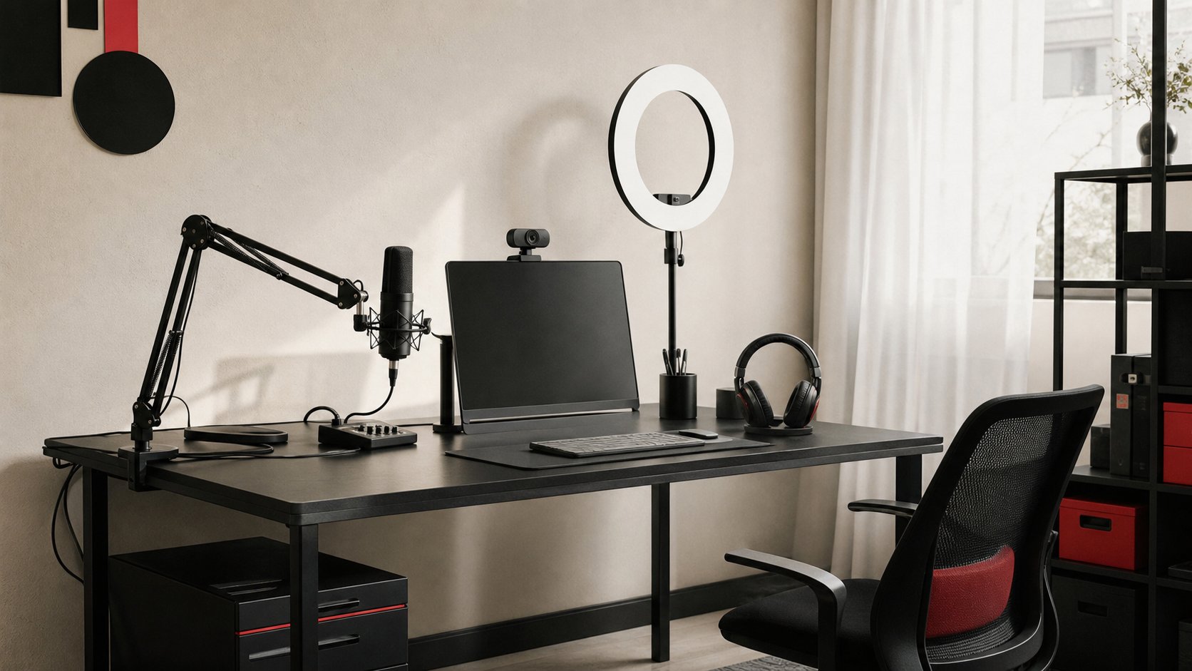 Bureau avec materiel de streaming micro professionnel webcam et eclairage annulaire