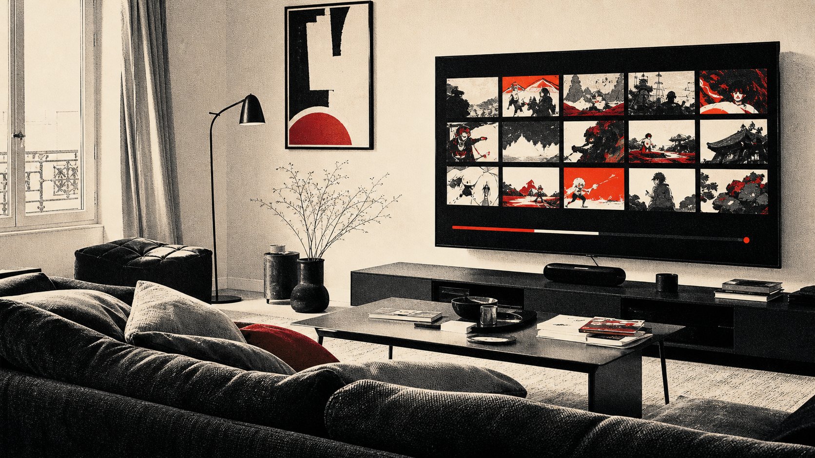 Grand ecran diffusant un catalogue de streaming avec anime et series japonaises