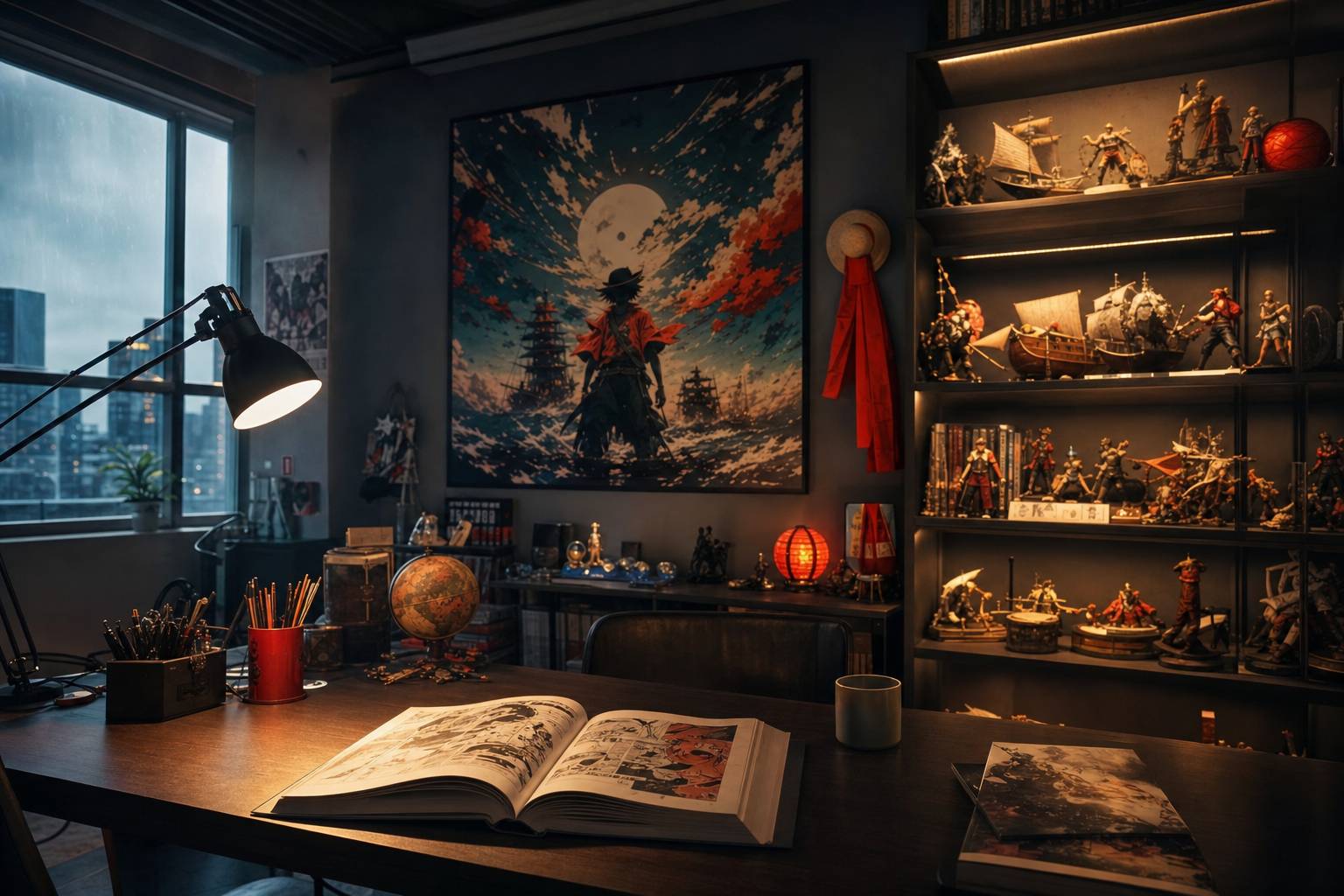 Collection de figurines One Piece et goodies sur étagère lumineuse