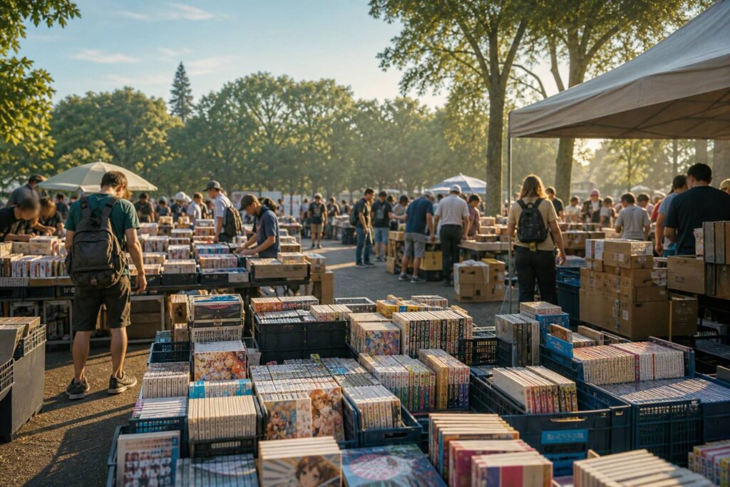 Marché aux livres d'occasion avec des bacs de mangas à prix abordables