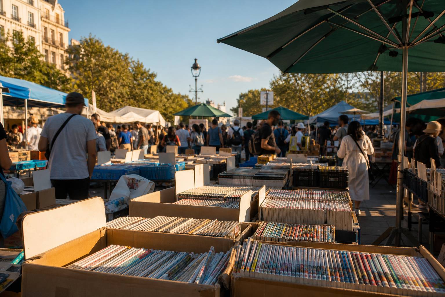 Marché de rue avec boîtes de mangas d'occasion à petits prix ambiance brocante