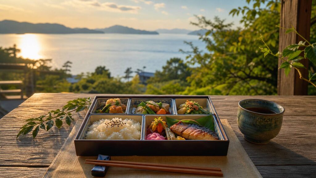 Bento japonais coloré avec compartiments de riz, légumes et poisson sur table en bois