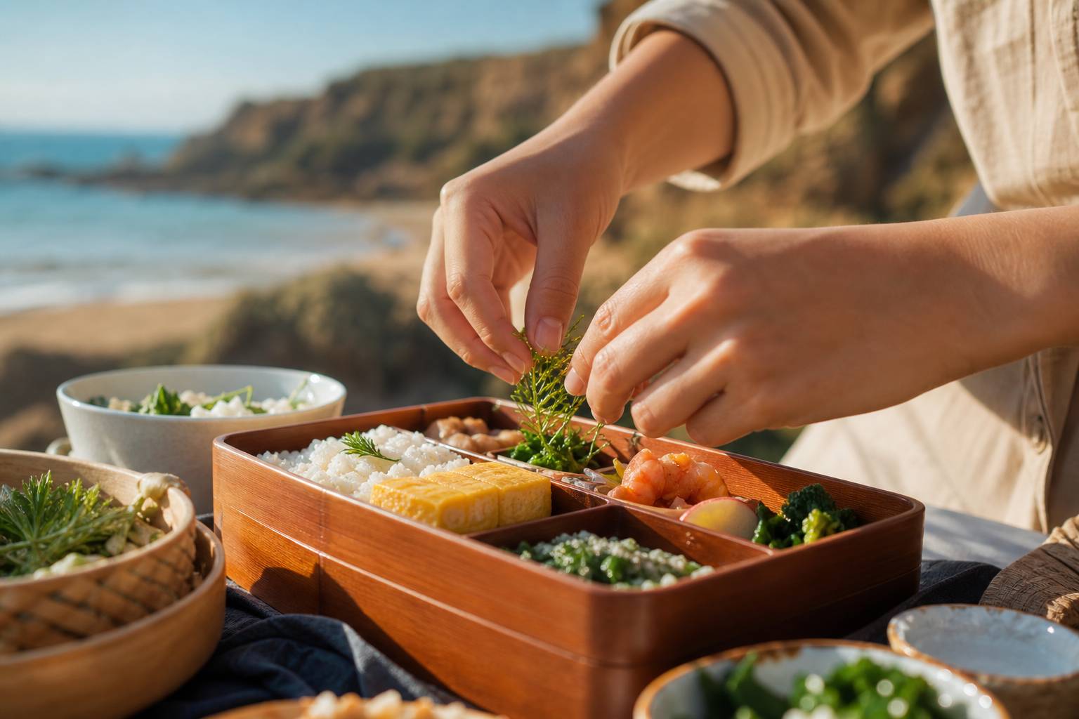 Mains préparant un bento avec des aliments colorés disposés dans des compartiments