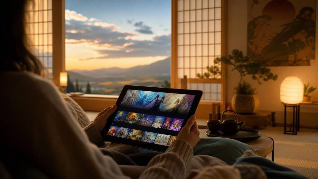 Personne naviguant sur Crunchyroll depuis une tablette dans un canapé douillet