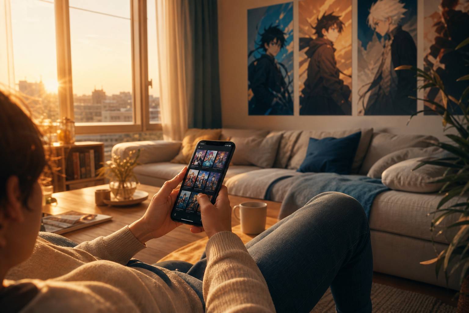 Personne sur un canapé parcourant Crunchyroll sur smartphone ambiance détente