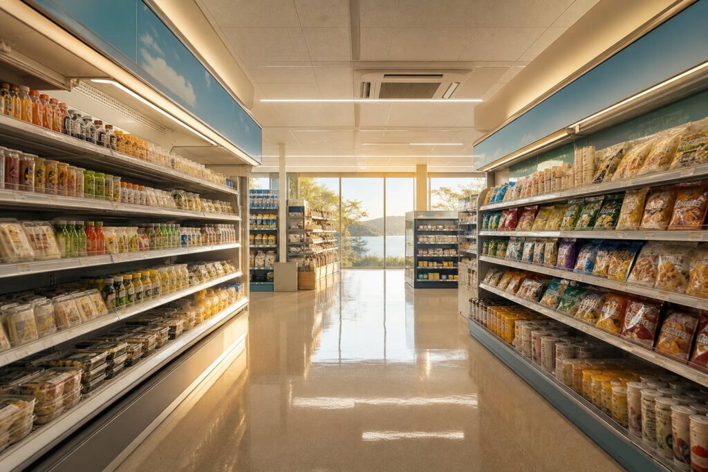 Intérieur de konbini japonais avec rayons de snacks et bentos bien organisés