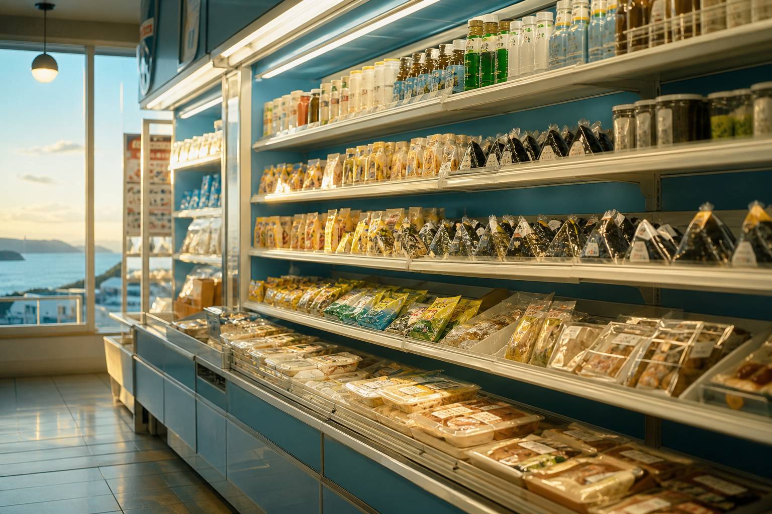 Rayon de konbini avec onigiris snacks et boissons disposés soigneusement