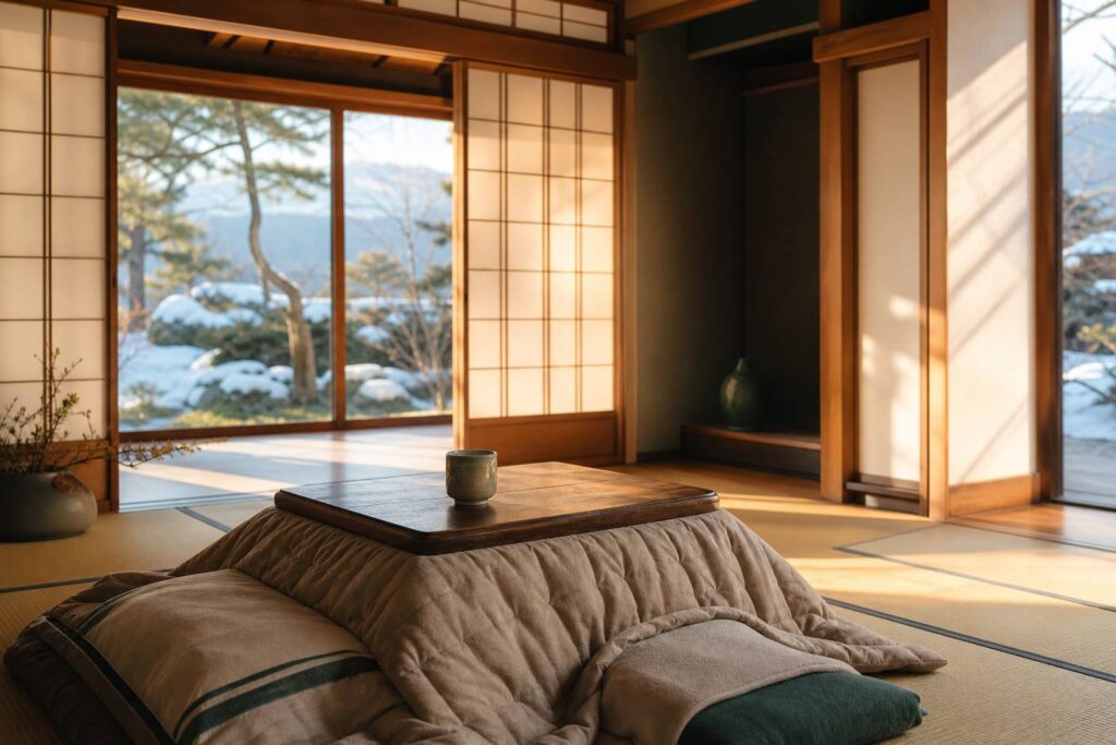 Table chauffante kotatsu japonaise dans une pièce tatami traditionnelle, ambiance hivernale chaleureuse