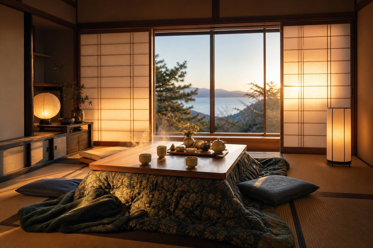 Salon japonais traditionnel avec kotatsu bas et coussins sur tatami, thé vert et lanternes en papier