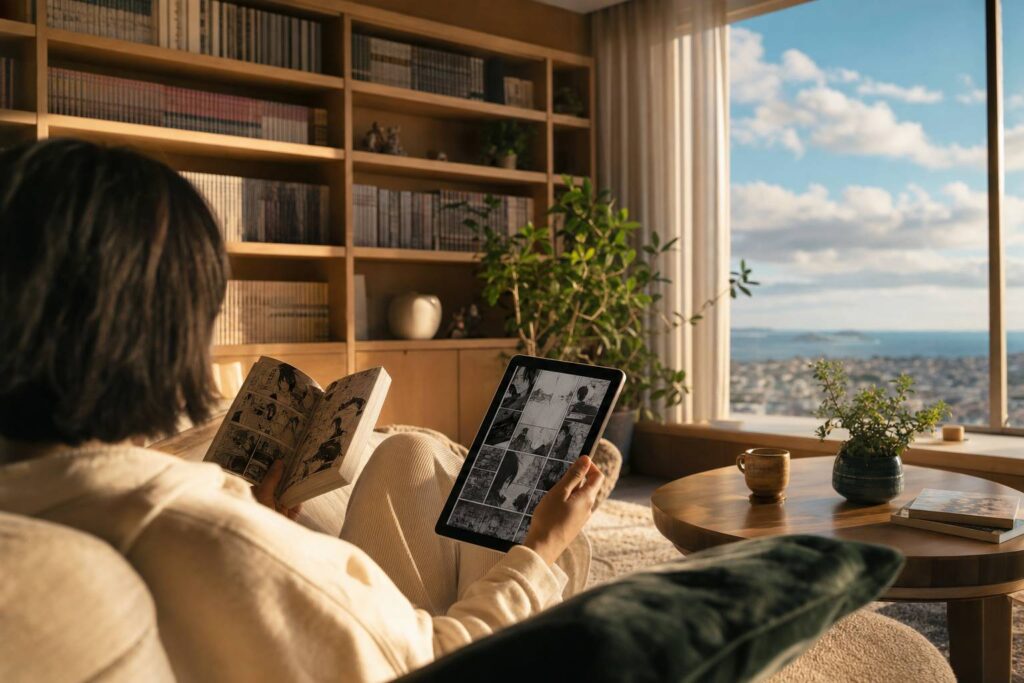 Personne comparant un manga papier et une tablette numérique dans une bibliothèque
