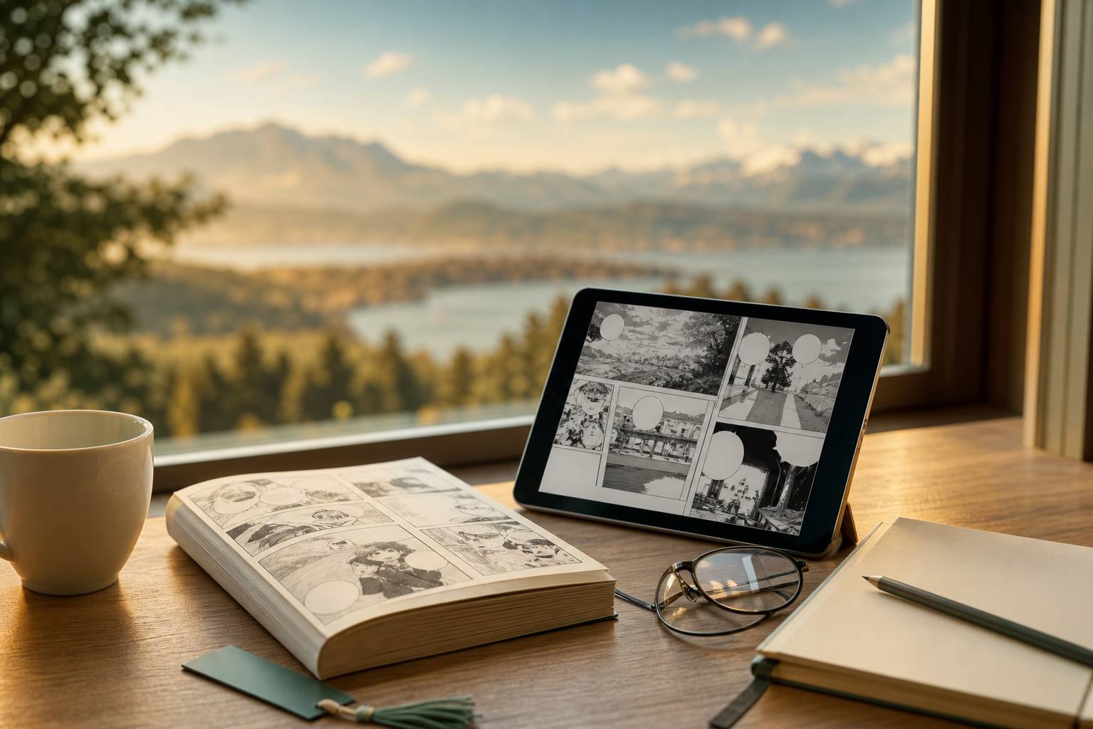 Bureau avec un manga papier ouvert à côté d'une tablette affichant un manga numérique