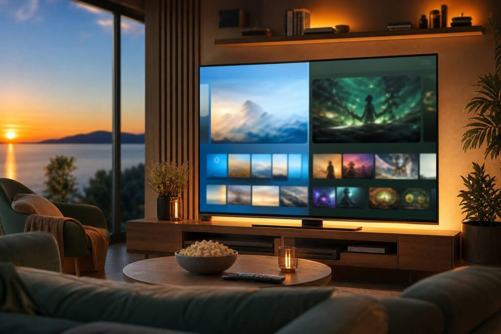 Téléviseur diffusant Netflix et Crunchyroll dans un salon moderne et confortable