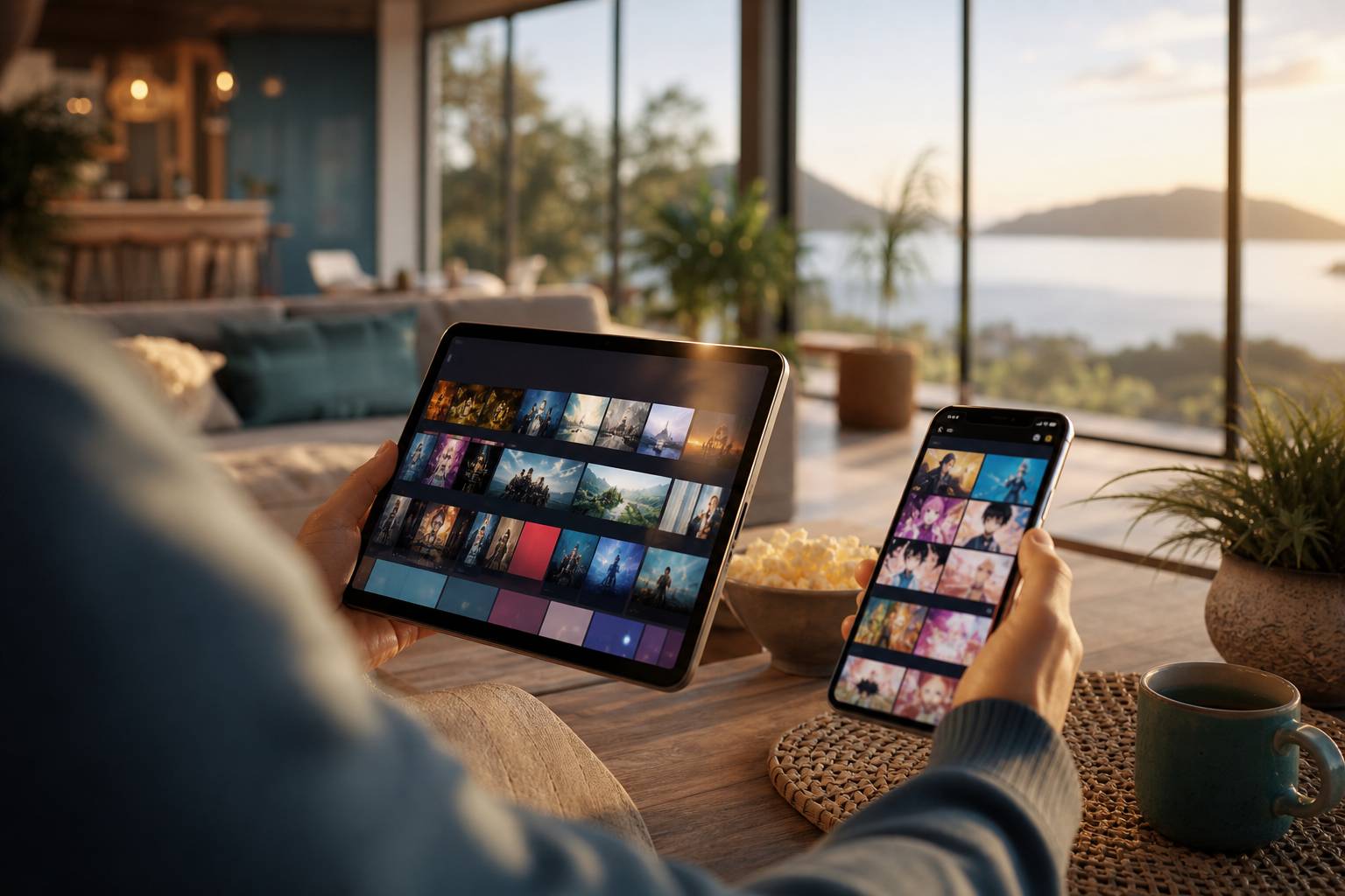 Tablette et téléphone comparant les interfaces de streaming Netflix et Crunchyroll
