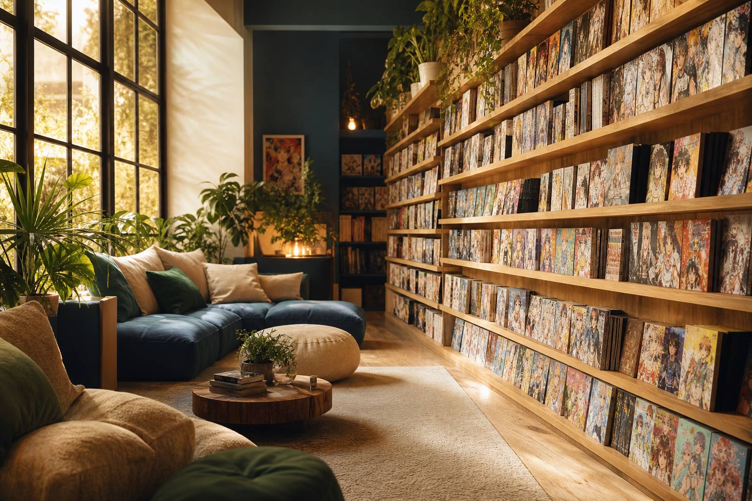 Bibliothèque présentant des sections de manga par genre couvertures colorées