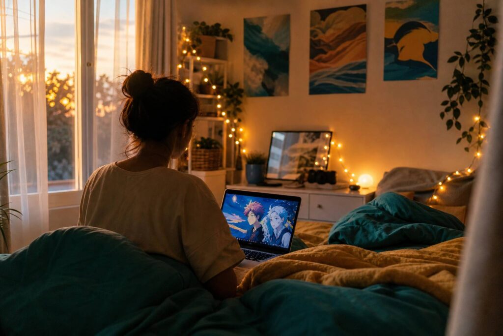 Personne regardant un animé sur ordinateur portable dans une chambre cosy décorée