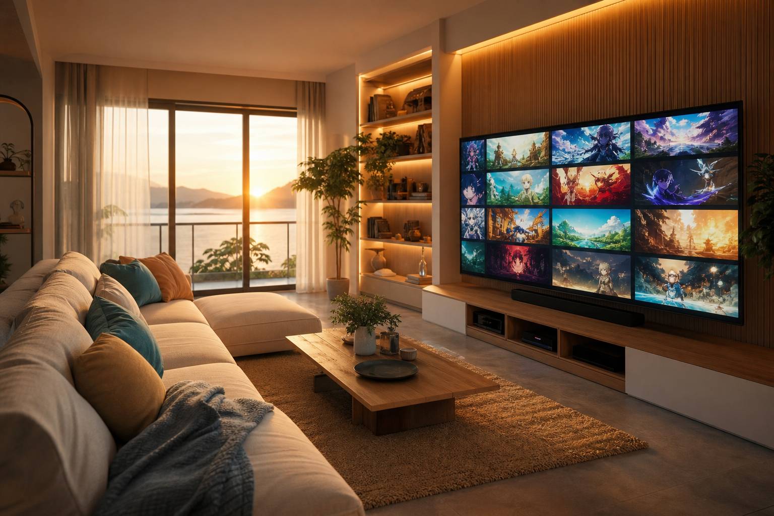 Salon cosy avec grand écran diffusant un animé en streaming ambiance tamisée