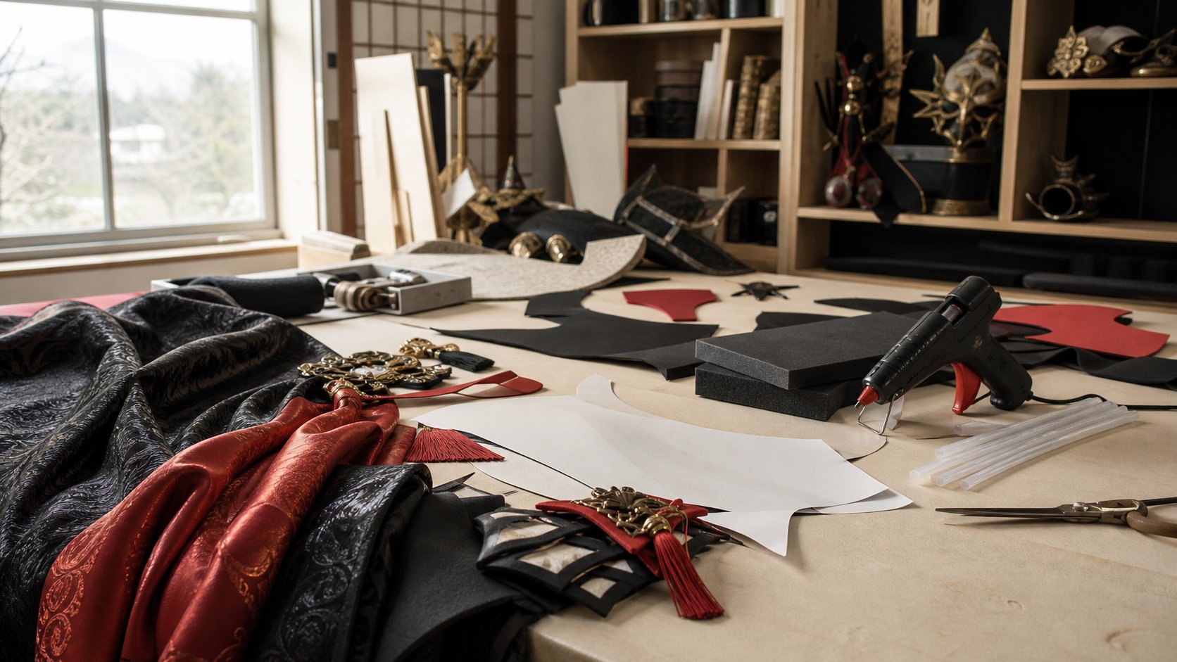 Espace de travail cosplay avec tissus mousse EVA colle chaude et accessoires