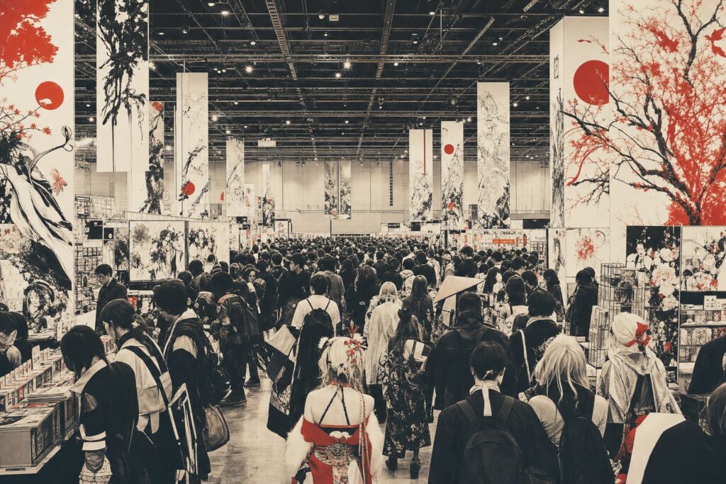 Japan Expo a Paris salle d exposition avec stands de mangas et cosplayeurs