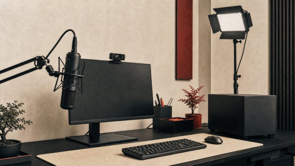 Setup de streaming debutant avec micro condensateur webcam HD et eclairage LED