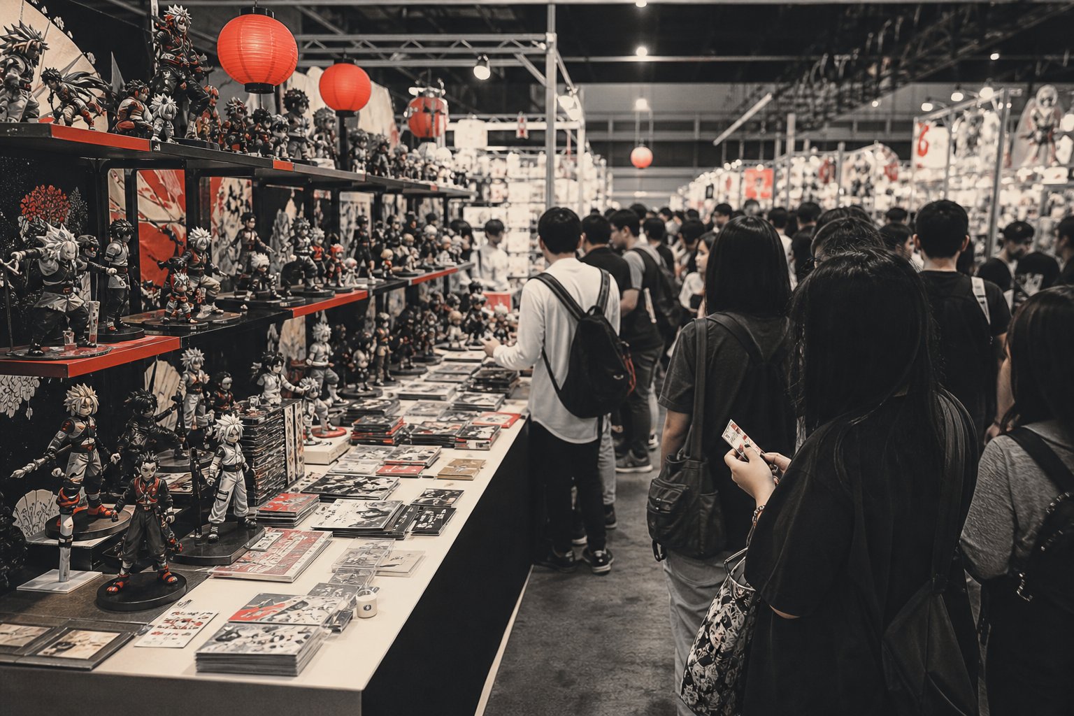 Stand de convention manga avec figurines et goodies japonais exposes