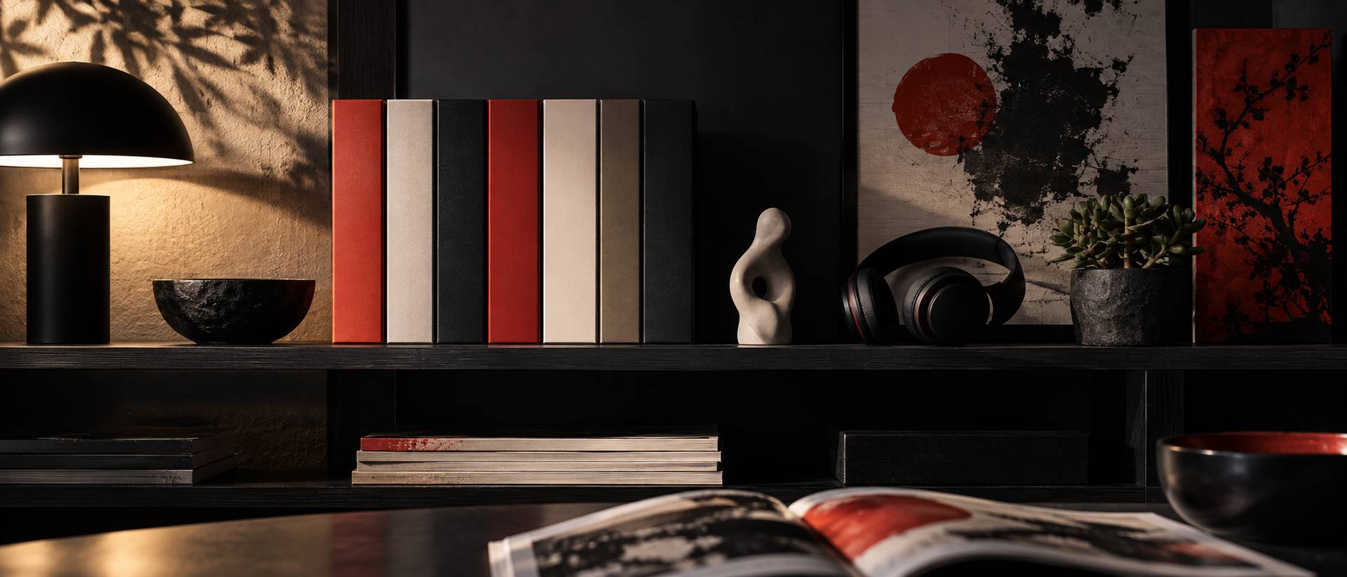Étagère de salon avec boîtes colorées unies et casque audio