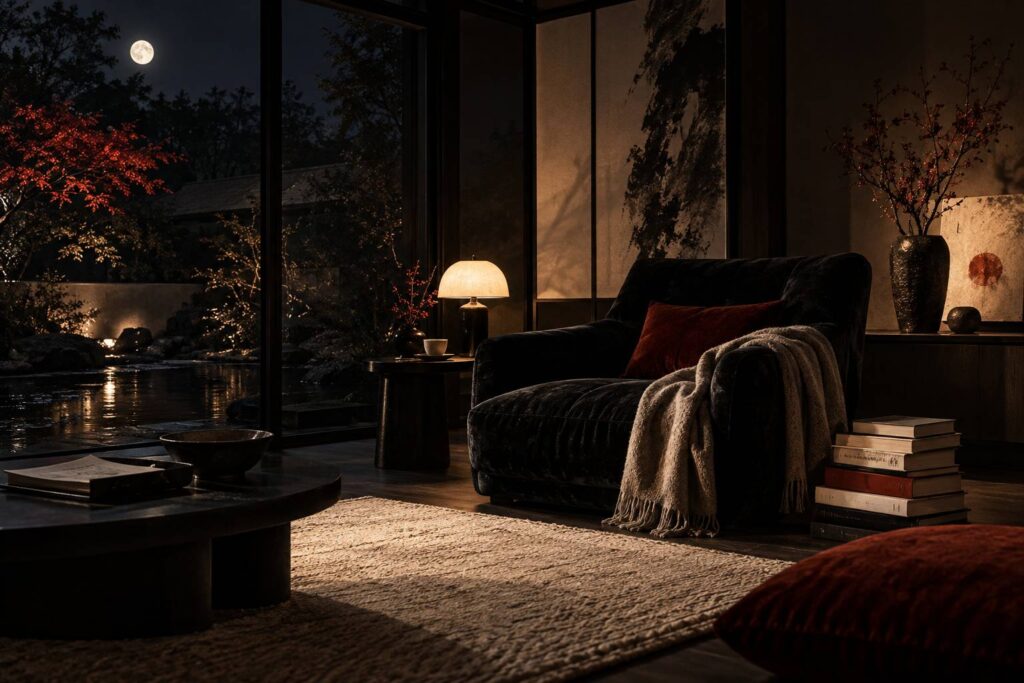Coin lecture nocturne avec pile de romans, fauteuil et lampe chaude