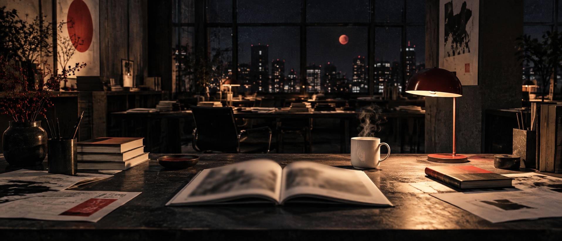Coin lecture nocturne avec pile de romans, fauteuil et lampe chaude