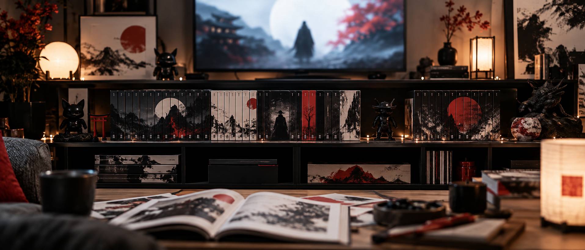 Salon le soir avec grand écran diffusant une image animée abstraite et bol de popcorn