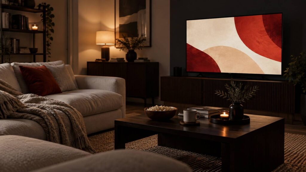 Salon le soir avec téléviseur aux couleurs abstraites et plaid