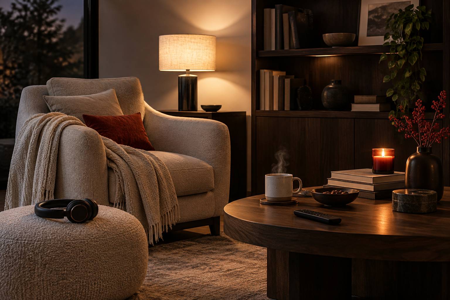 Fauteuil, casque audio et boisson chaude dans un coin salon nocturne