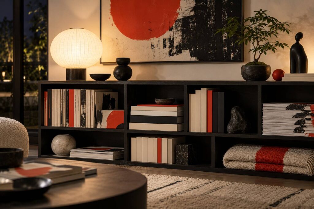 Étagère de salon avec volumes reliés, figurines abstraites et plante
