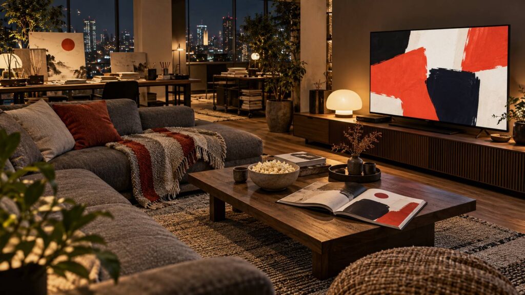 Salon contemporain avec canapé gris, télévision allumée et bol de pop-corn